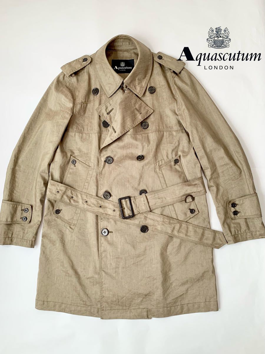 美品 Aquascutum アクアスキュータム 春夏 リネン混 トレンチコート