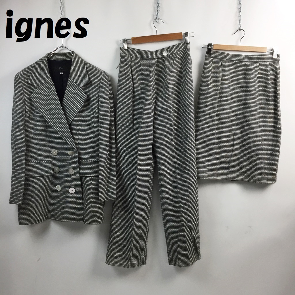 【人気】ignes/イネス 銀座マギー スーツ4点セット ジャケット パンツ 膝丈スカート スカーフ 肩パッドあり 総柄 ブラック サイズ40/S3902