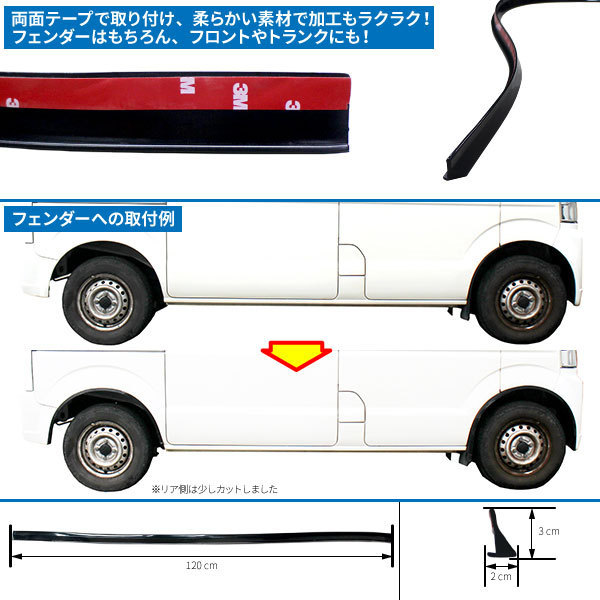 汎用フェンダーモール L字型モール アーチモール 3cm x 120cm 2本セット ■グロッシーブラック■ 両面テープ付きで取り付けラクラク！_画像2