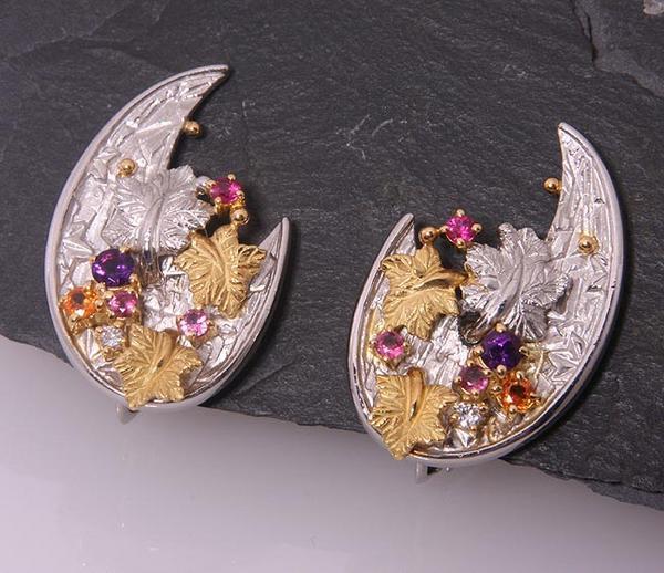 { pawnshop exhibition }Pt900/k18* multi color stone design earrings!C-1364