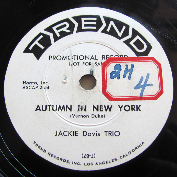 78rpmSP запись Jackie Davis Trio Trend 65 Autumn In New York / They Can\'t Take That Away From Me промо запись 