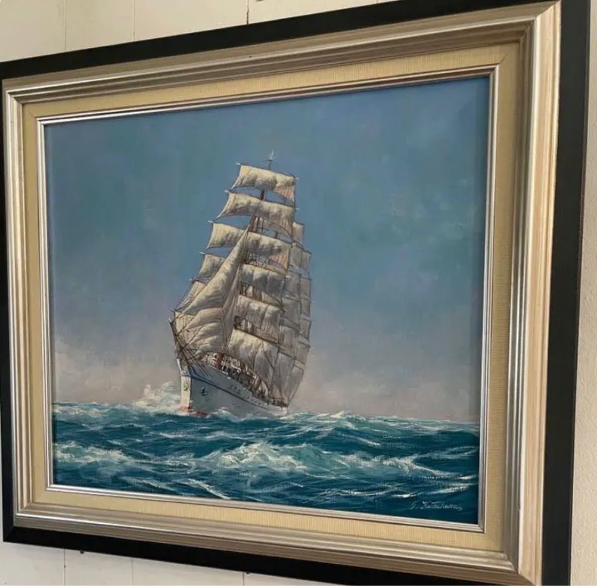 絵画 額装 油彩肉筆画 F10 朽原彪「帆船」細密画 海洋画展作品 一点 絵画 額装 油彩肉筆画 F10 朽原彪「帆船」細密画 海洋画展作品 一点