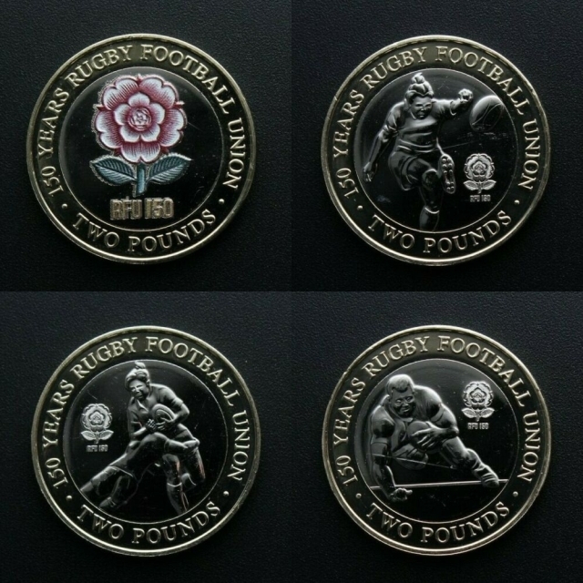【ラグビー】イングランド代表 150周年記念コイン 4枚セット「ローズ・コンバージョン・タックル・トライ」