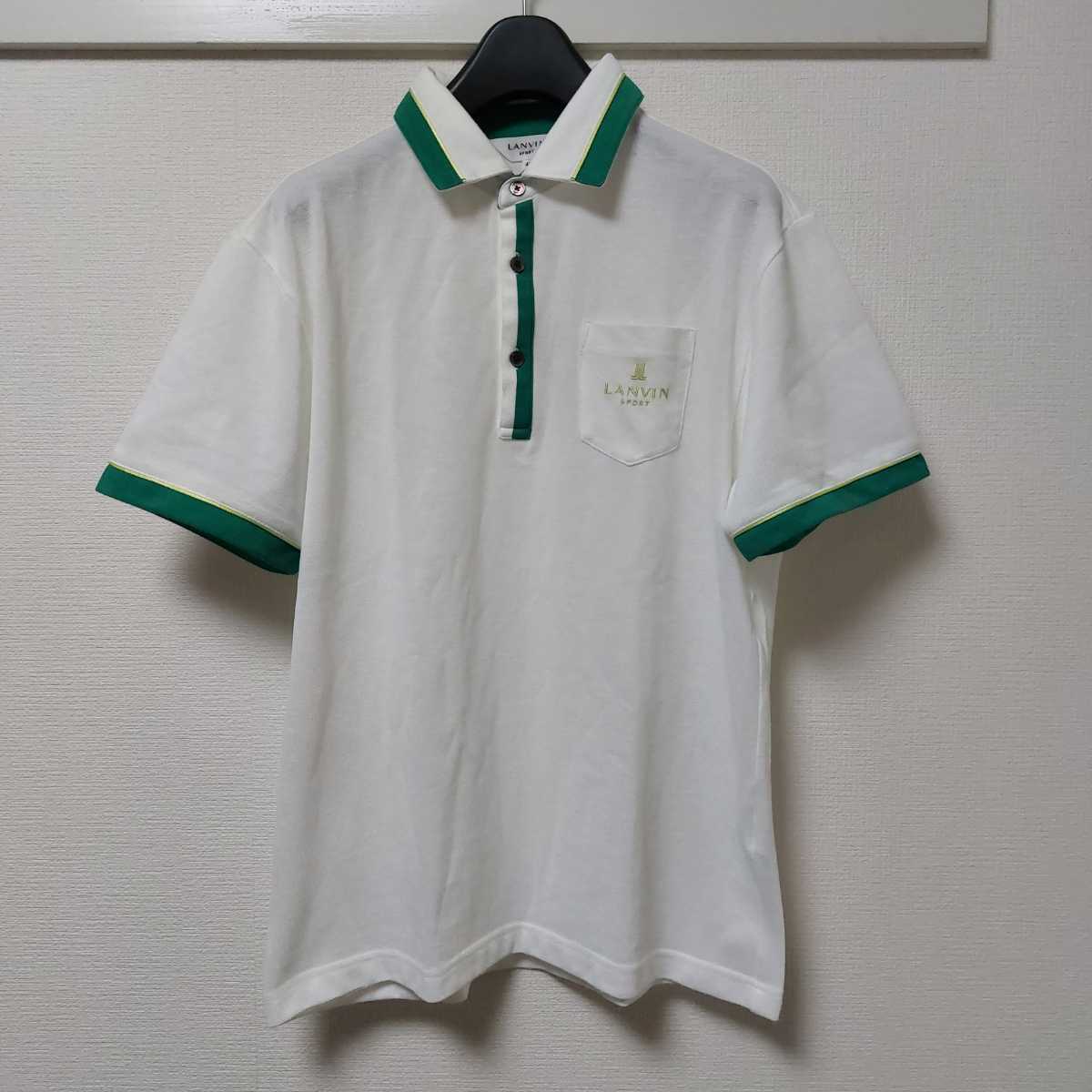  LANVIN SPORT 半袖ポロシャツ 40 L ホワイト 白 グリーン 緑 胸 刺繍 ポケット ランバン ゴルフ メンズ デサント 日本製 正規品 04D2304_画像1