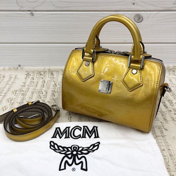 1円~【MCM】エムシーエム 希少ゴールド ミニボストンバッグ 2way