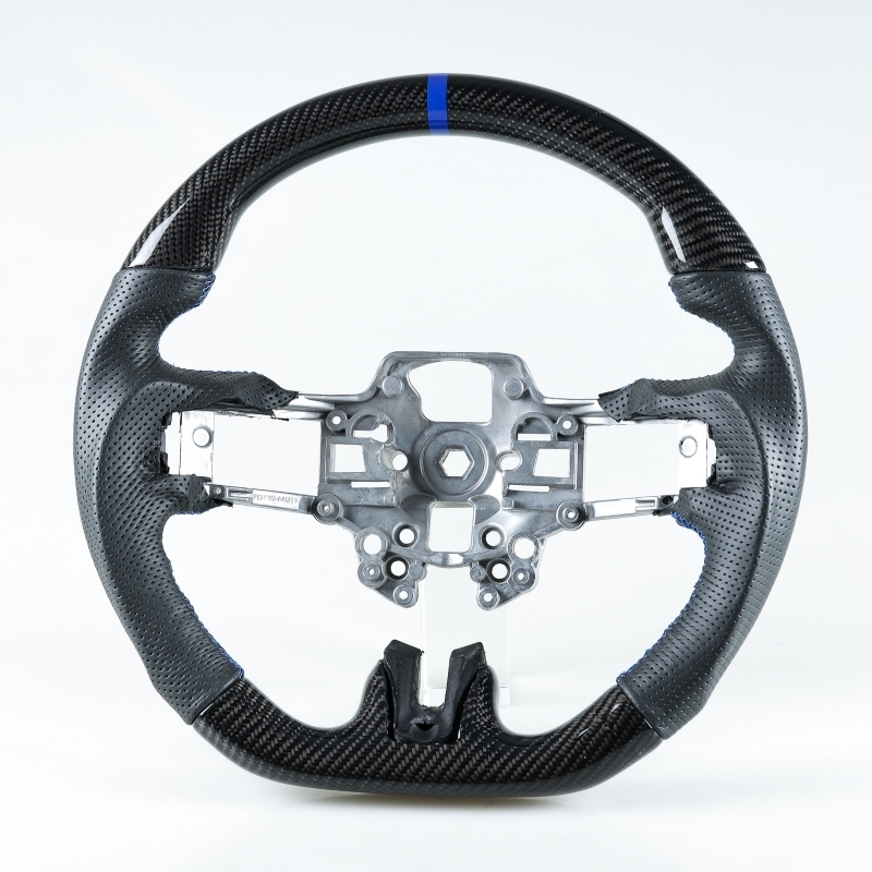 フォード用 マスタング 後期用 2019-2022 D型 ステアリング ホイール ハンドル カーボン×本革パンチングレザー×ブルー輪デザイン