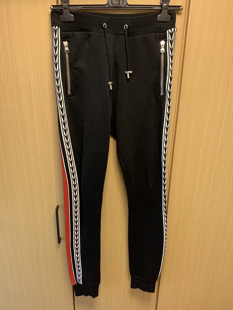 正規 20SS BALMAIN バルマン 矢印 サイドライン コットン スウェットパンツ 黒赤 XS