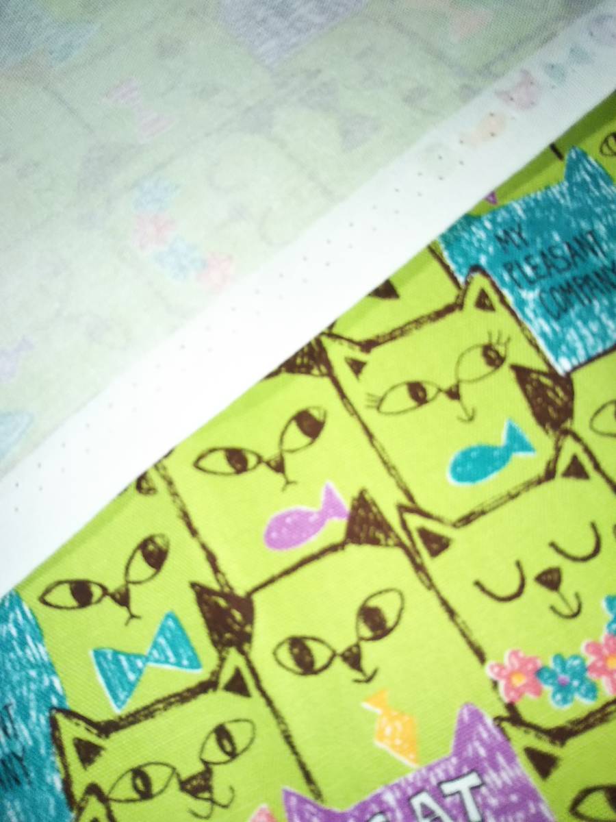 ◆ネコ◆黄緑×オレンジ 各約50㎝×54㎝ 2色セット 生地 はぎれ_画像3