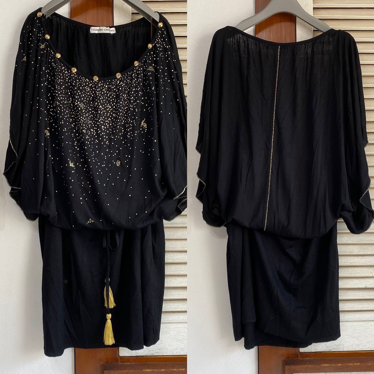  Tsumori Chisato TSUMORI CHISATO* oversize flexible material short sleeves tunic One-piece gold lame black Gold tassel size 2 a22040720