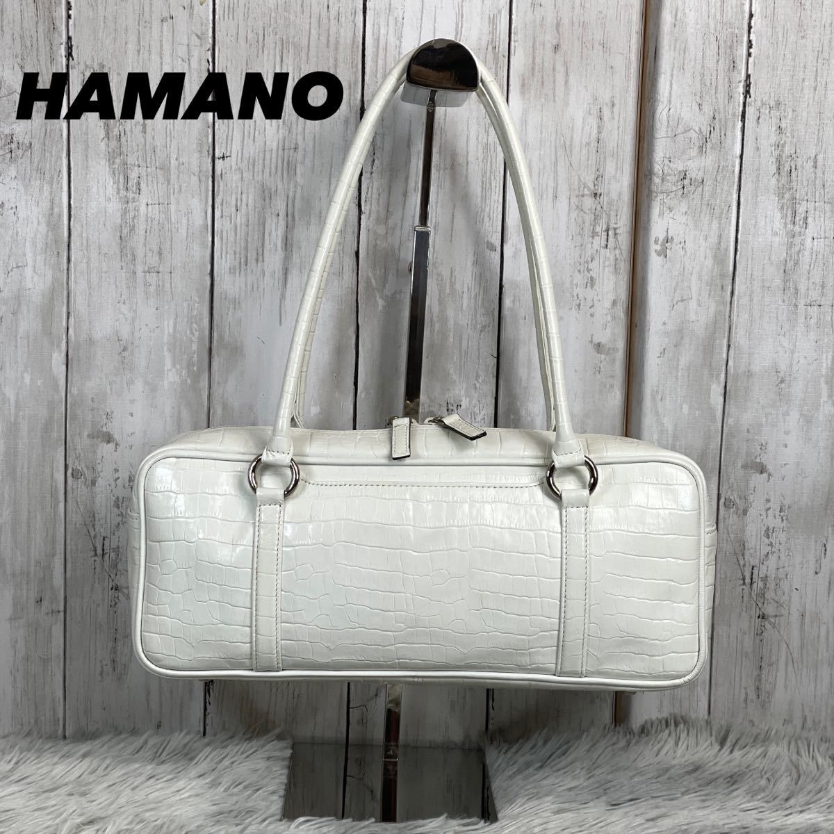 極美品 HAMANO 濱野皮革工藝 ホワイト クロコ型押し トートバッグ-