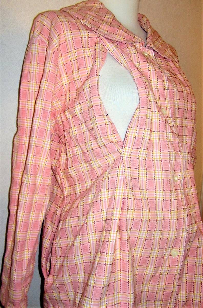 （レディース・パジャマ）DOUX MABY 授乳ポケット付き Lサイズパジャマ 綿100％ ピンク系チェック クリーニング済_画像7