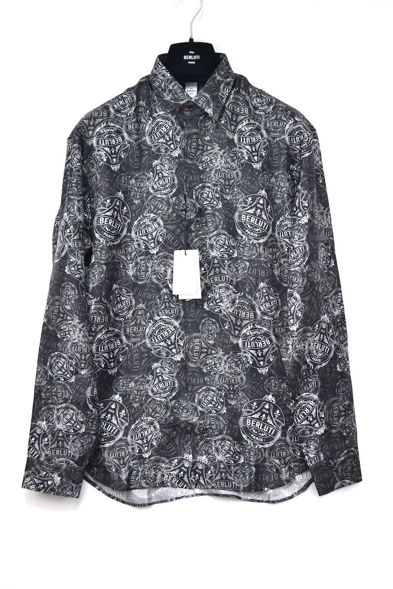 新品 BERLUTI Printed Blazon Shirt Black ベルルッティ プリントシルクシャツ　ブラック　サイズ R40　カリグラフィ 希少_画像1