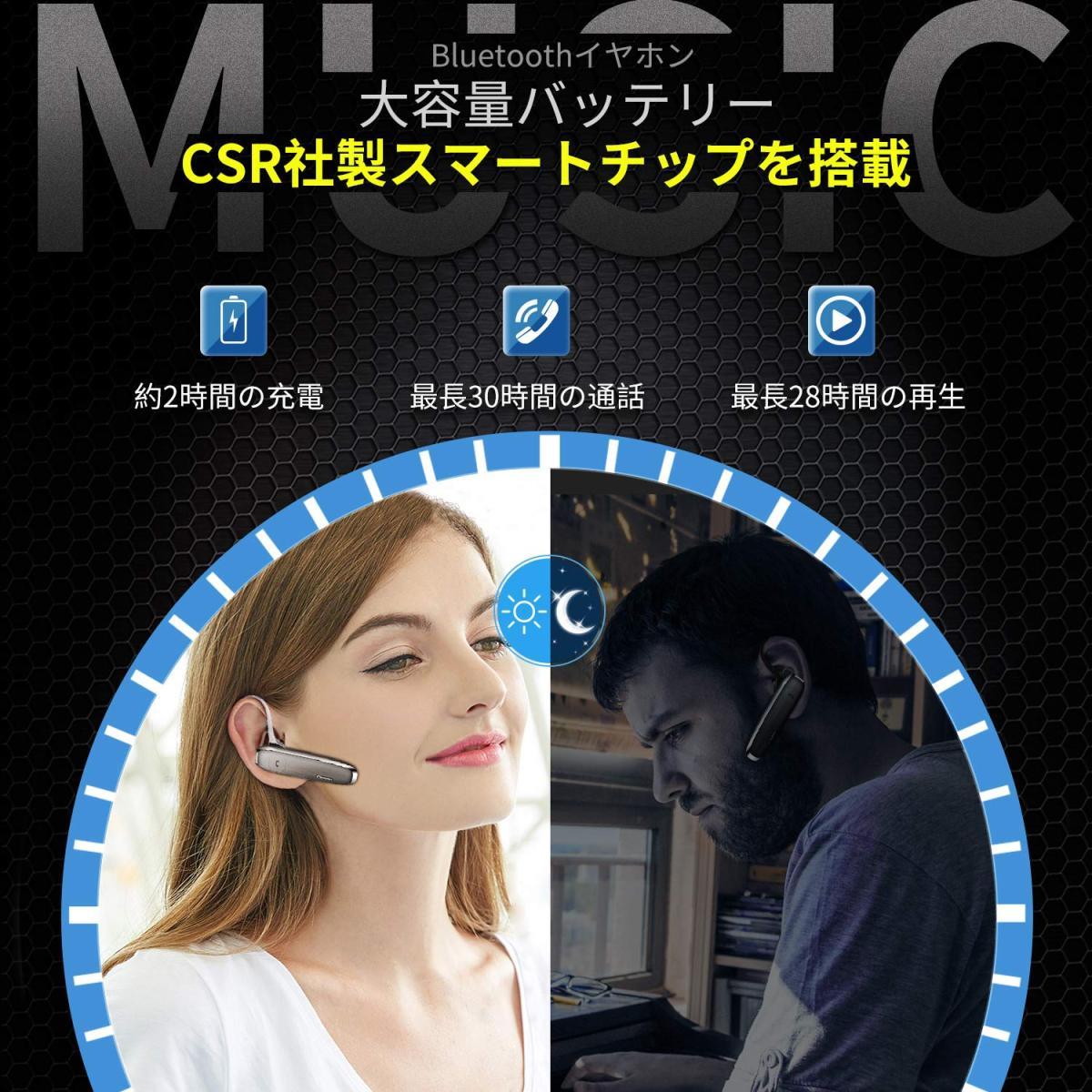 ヘッドセット bluetooth5.0 片耳 ブルートゥース イヤフォン Glazata 日本語音声 高音質 超大容量 通話30時間可 E30 グレー_画像2
