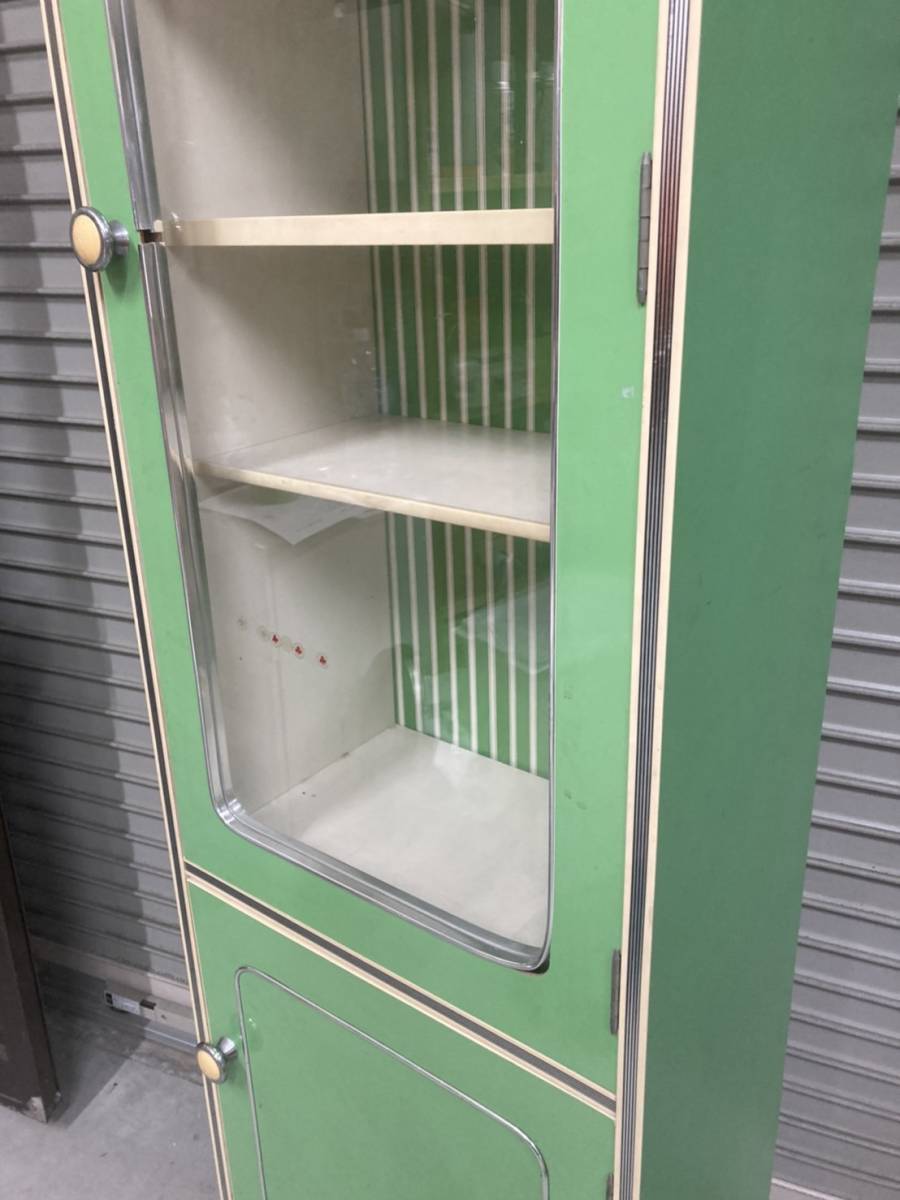 (3605) 昭和レトロ レトロポップ 木製 食器棚 飾り棚 収納棚 2扉 177x40 緑 グリーン アーチ ストライプ ヴィンテージ 中古 引取り限定 正規店または公式サイト 食器棚 ポップ 昭和レトロ ヴィンテージ 緑 グリーン アンティーク キッチン収納