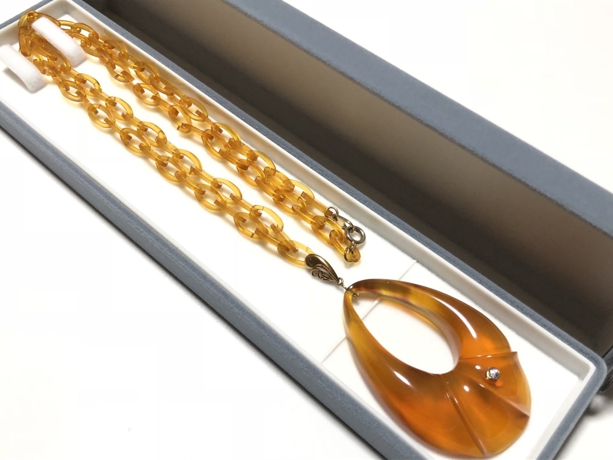 アンティーク 本鼈甲 白甲 ダイヤモンド(0.13ct) K18 18.0g 肉厚 オープンドロップ ロングペンダントネックレス