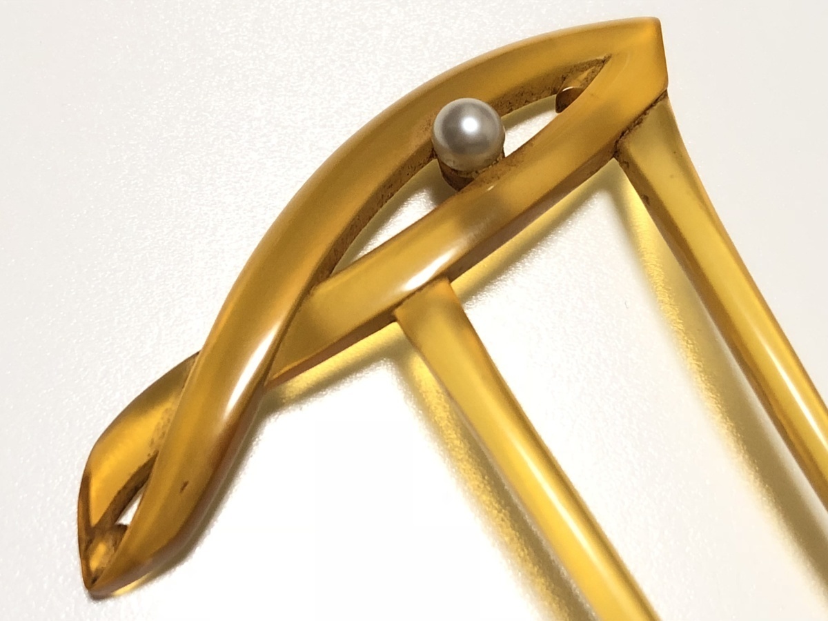 アンティーク 本鼈甲 白甲 本真珠 デザイン 小ぶり 扇簪