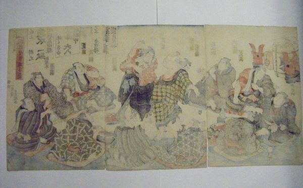 江戸 浮世絵 豊国 力士 横綱「相撲 繁栄遊宴之図 ３枚組」彩色 木版画