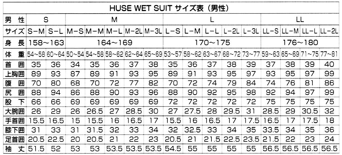 大幅値引き 新品 HUSE 3mm ワンピーススーツ/M-Sサイズ 50%OFF_サイズ表になります。