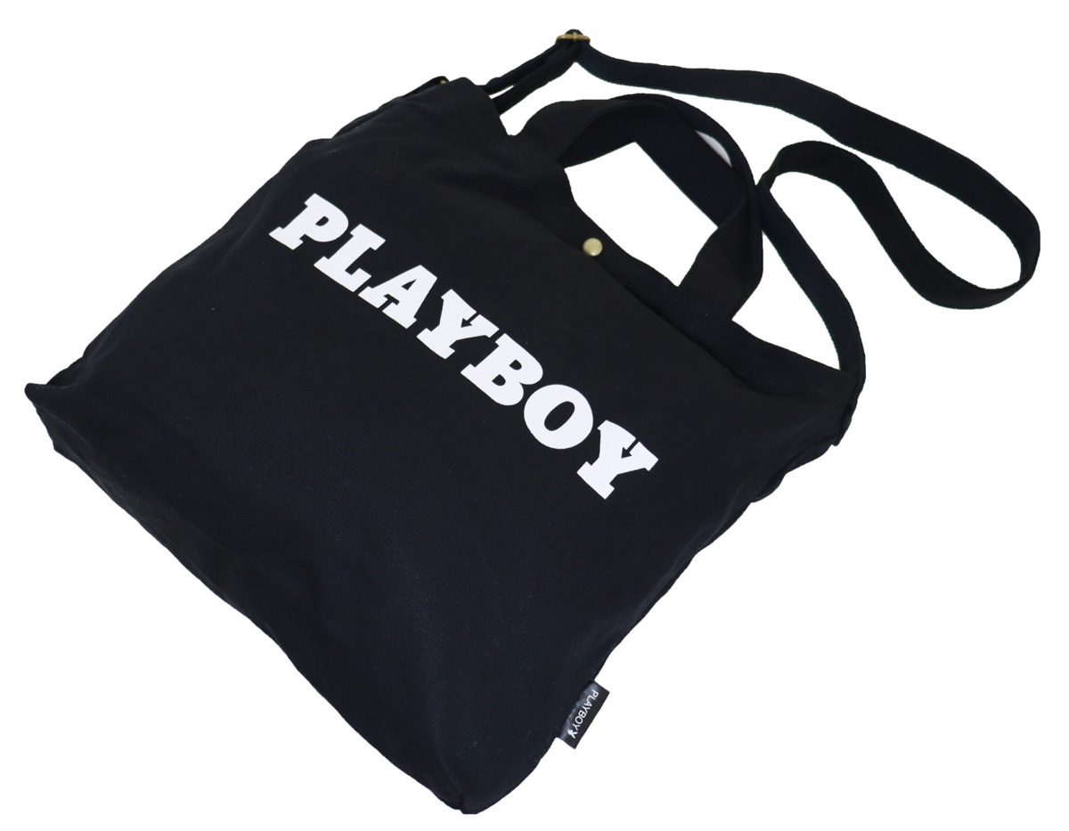 PLAYBOY プレイボーイ トートバッグ ショルダーバッグ ベーシック ロゴプリント 帆布 2WAY A4サイズ★ブラック★新品_画像3