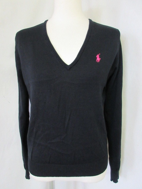 ５８　ラルフローレン　黒色　ピンクのワンポイント　綿　Vネックセーター　Mサイズ_画像1
