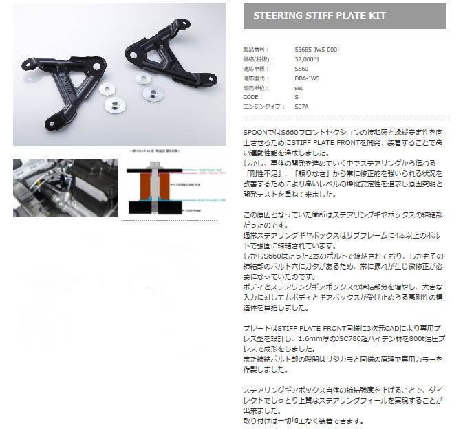 SPOON SPORTS ホンダ S660 JW5 ステアリングスティフプレートキット