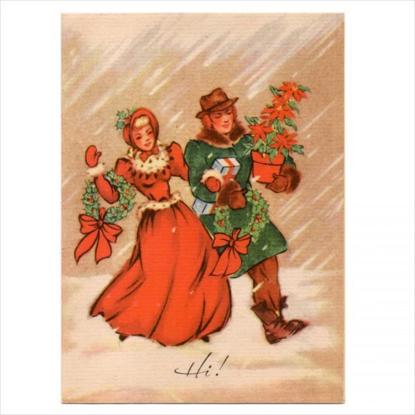 USAヴィンテージ1940年代紙ものクリスマスカード｜ポインセチアと