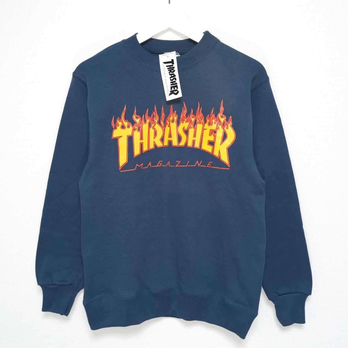 即決 S 90s スラッシャー THRASHER スウェット FLAME トレーナー HANES ネイビー USA製_画像1