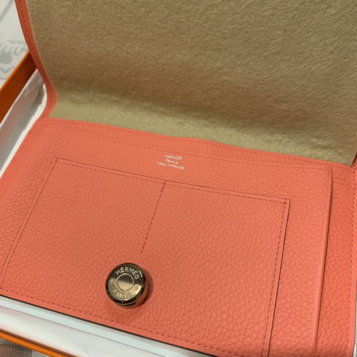 美品 エルメスドゴンGMピンク長財布 ローズキャンディ 本革コイン
