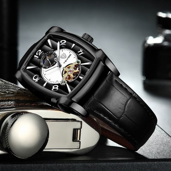メンズ高級腕時計 41mm 機械式 自動巻き スクエアデザイン トゥールビヨン 本革ベルト 紳士 ウォッチ 夜光 防水|a_画像4