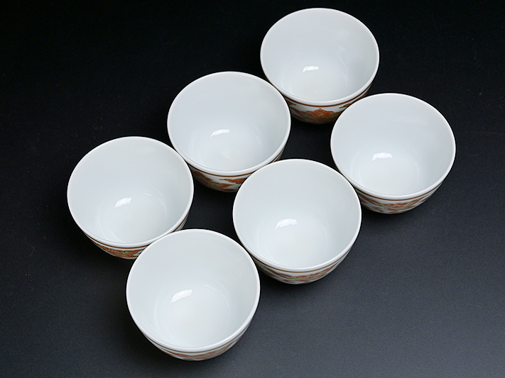 三浦 篤 造 金描紅彩 唐草文 煎茶碗 六客 共箱 】京焼 三浦 篤 造 金描紅彩 唐草文 煎茶碗 六客 共箱 】京焼
