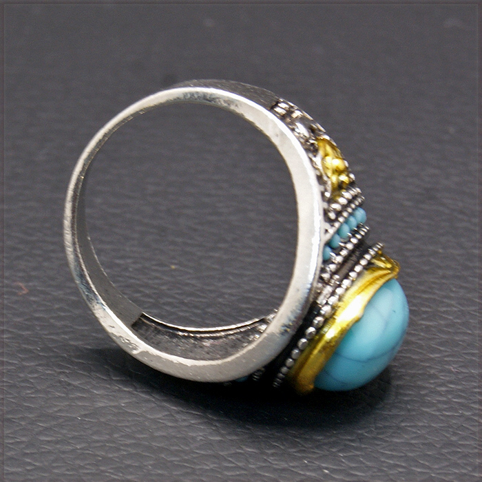 [RING] Antique Design Turquoises Stone オーバル ターコイズ ブルー ストーン シルバー & ゴールド 17mm ワイドリング 16号 【送料無料】_画像7