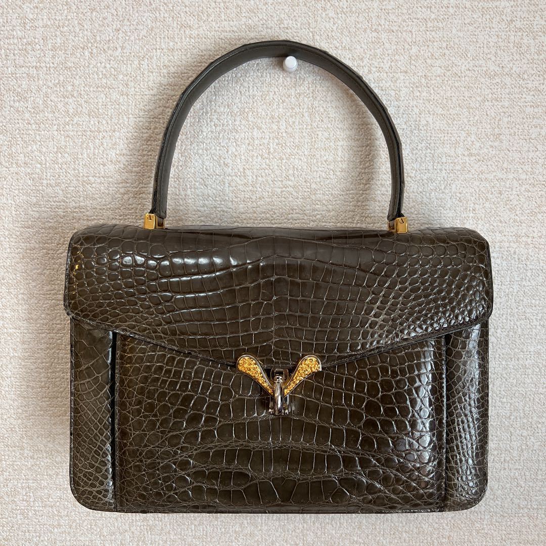 GRES グレ ワニ革 シャイニングクロコダイル センター取り ハンドバッグ-
