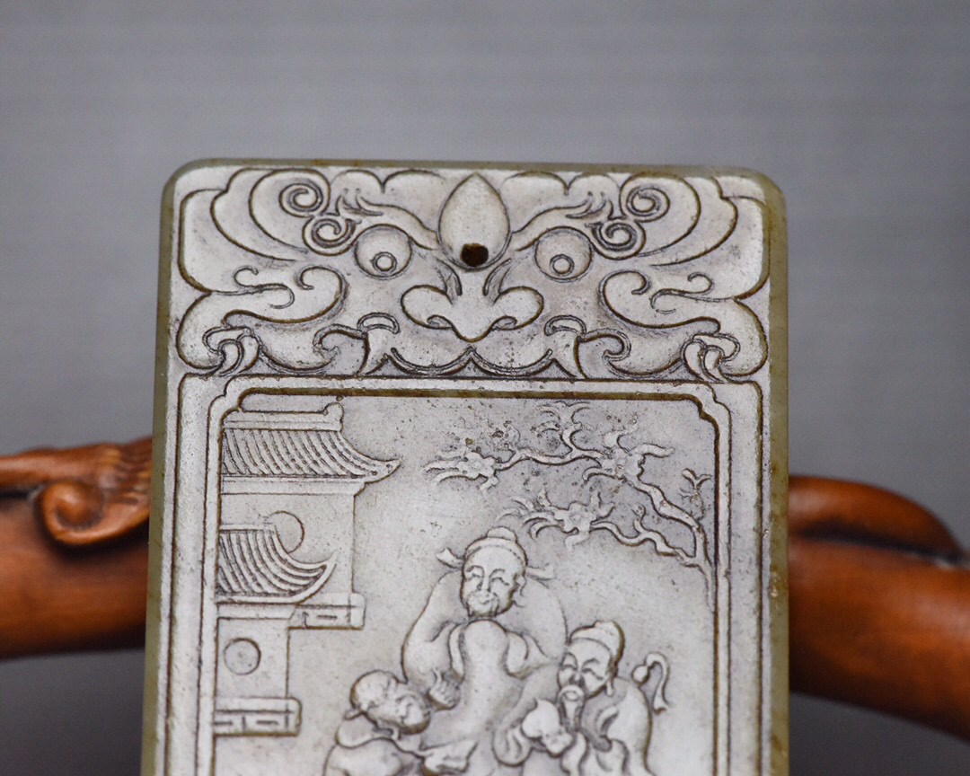 大珍品 和田玉製 細密彫 人物紋 玉牌 置物 古賞物 中国古玩 中国古美術 