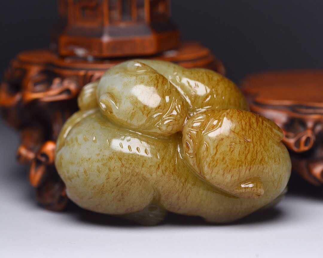 大珍品 和田玉製 細密彫 雙歡 置物 古賞物 中国古玩 中国古美術041893 