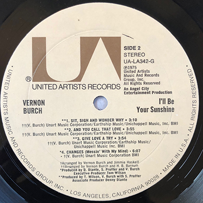 ■1975年 オリジナル US盤 VERNON BURCH / I’ll Be Your Sunshine 12’LP アナログ盤 UA-LA342-G UNITED ARTISTS RECORDS_画像4