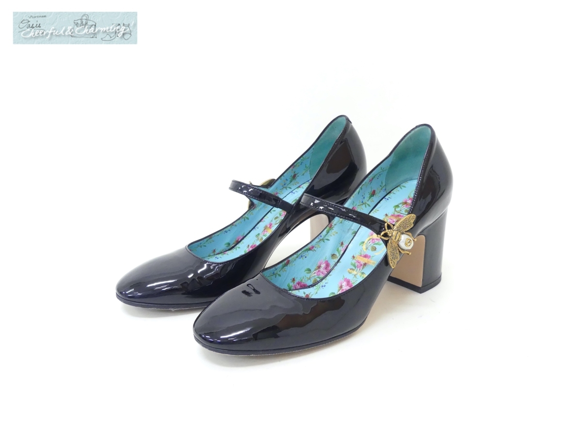 GUCCI パンプス 39 ブラック パテントレザー 蜂 パール 内側フローラル