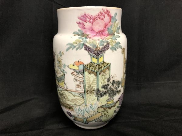 【T029】1円スタート 中国 花器 壺 古美術 年代物 陶器 漢詩 工芸品 アンティーク b