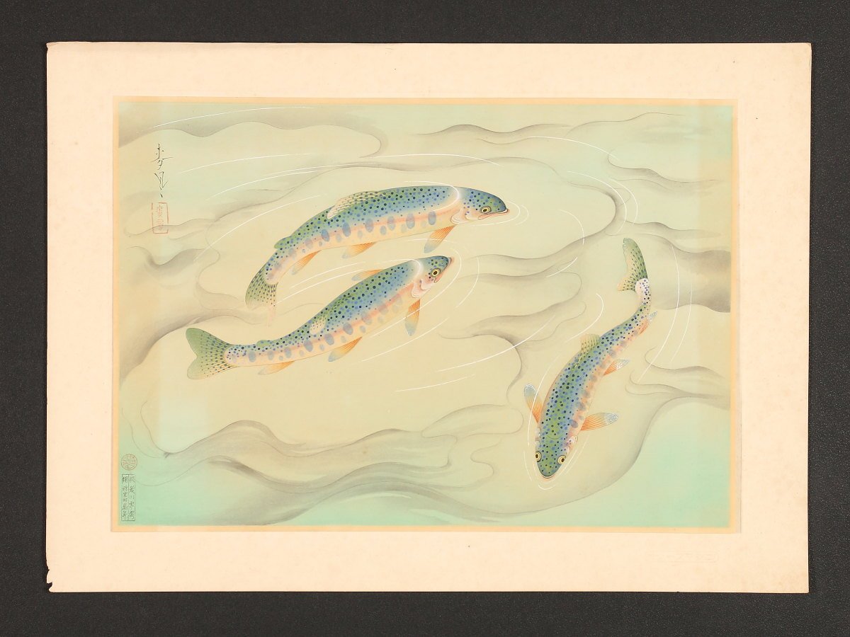 版画】【1円開始】【伝来】ky4612〈大野麦風〉大日本魚類図集 ニジマス