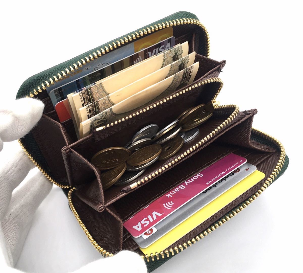 ＜大容量コンパクト財布＞ 本革緑 GOLDファスナー 内装：茶 ラウンドファスナー カードケース コインケース 小銭入れ