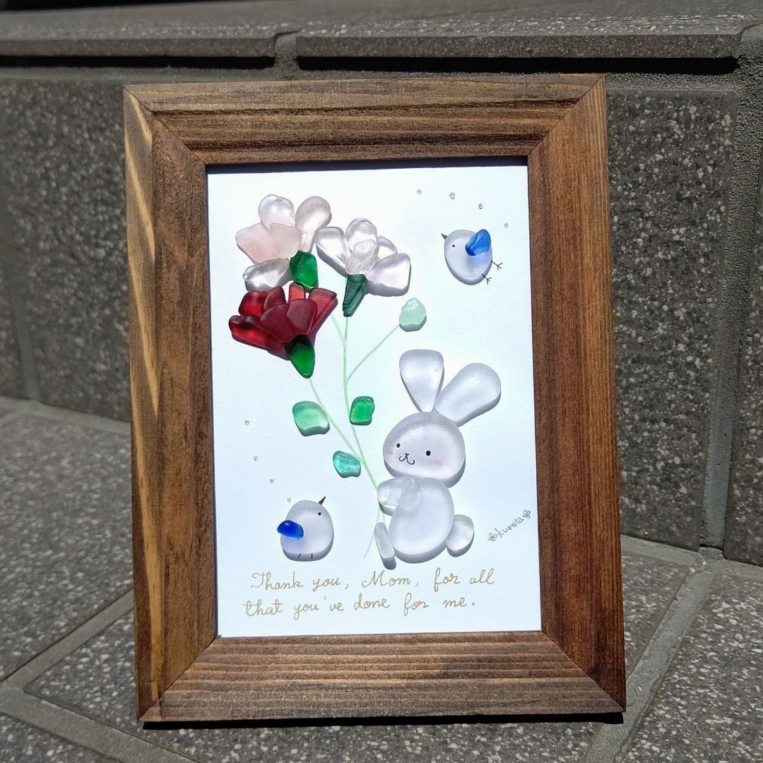 再販未定 レッド ピンク シーグラスアート 母の日 うさぎ