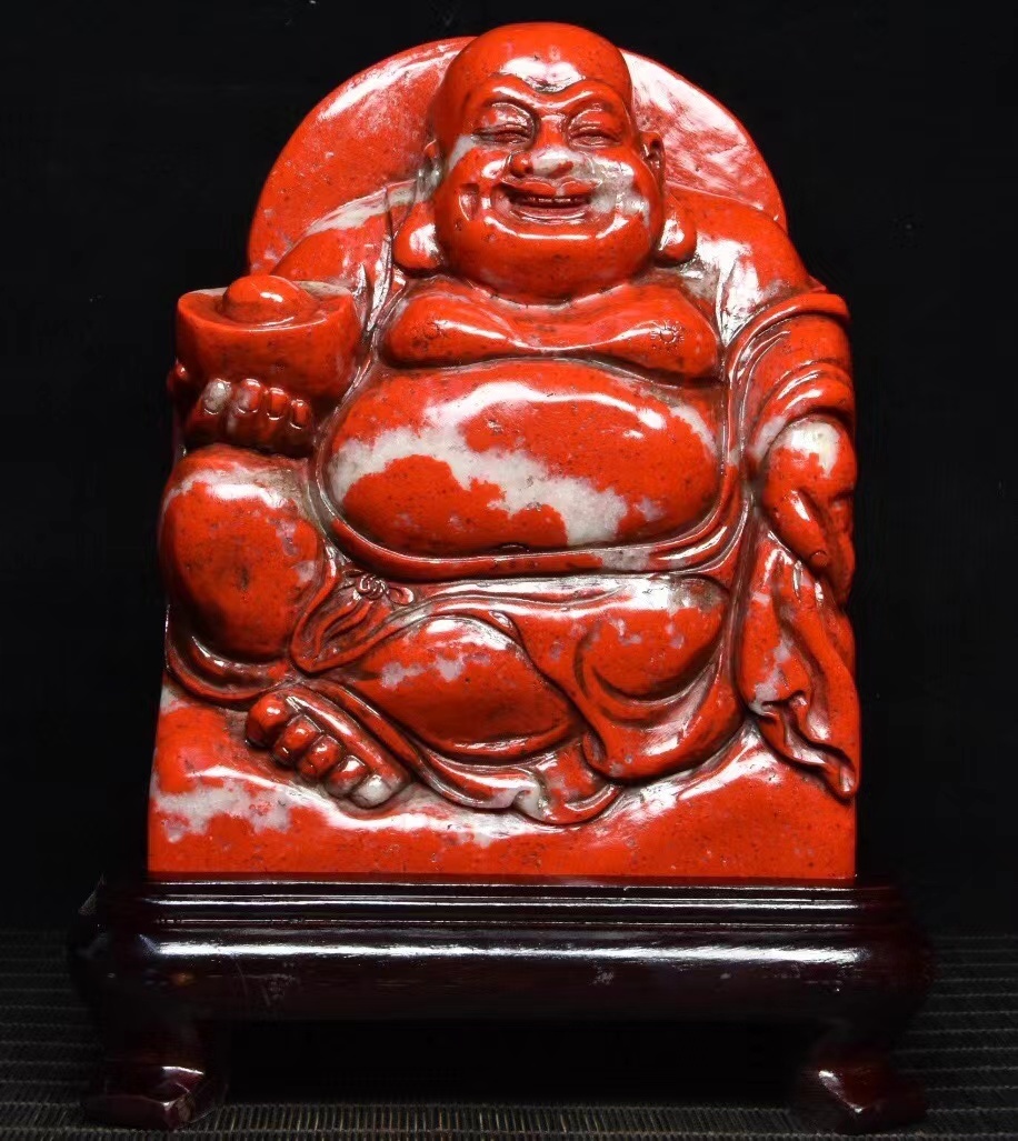 清・古寿山石・鶏血石大紅袍彫・「千秋作」・笑口常開仏・ 清・古寿山石・鶏血石大紅袍彫・「千秋作」・笑口常開仏・