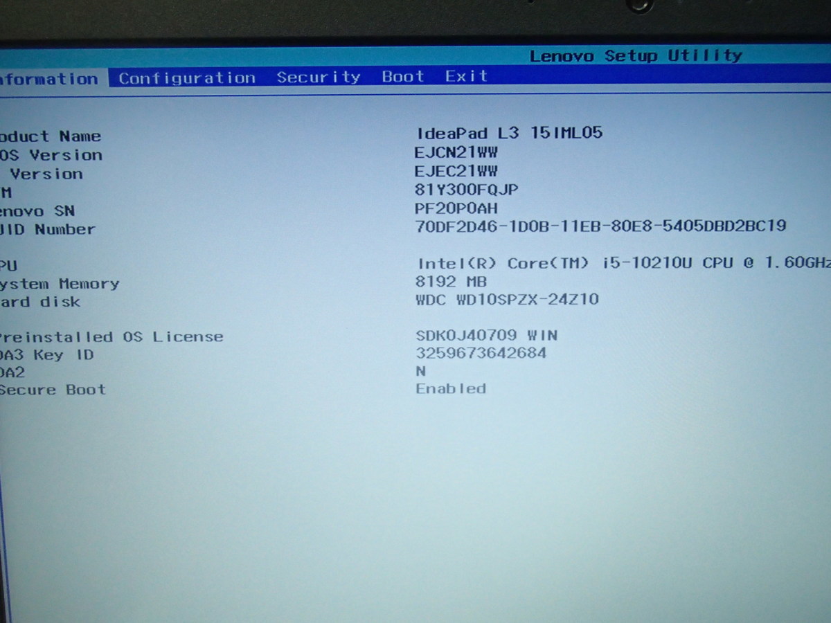 ●ランクJ Lenovo ideapad L340 81Y300FQJP ブリザードホワイト ジャンク品●Core i5-10210U/メモリ 8GB/HDD 1TB/15.6型 FHD/DVD スーパー_画像3