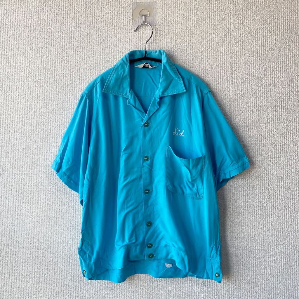  Vintage rayon short sleeves bo- ring shirt S 50s60s open color 