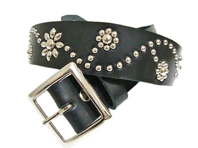  Tochigi leather flower type studs belt black nickel made in Japan hand made 