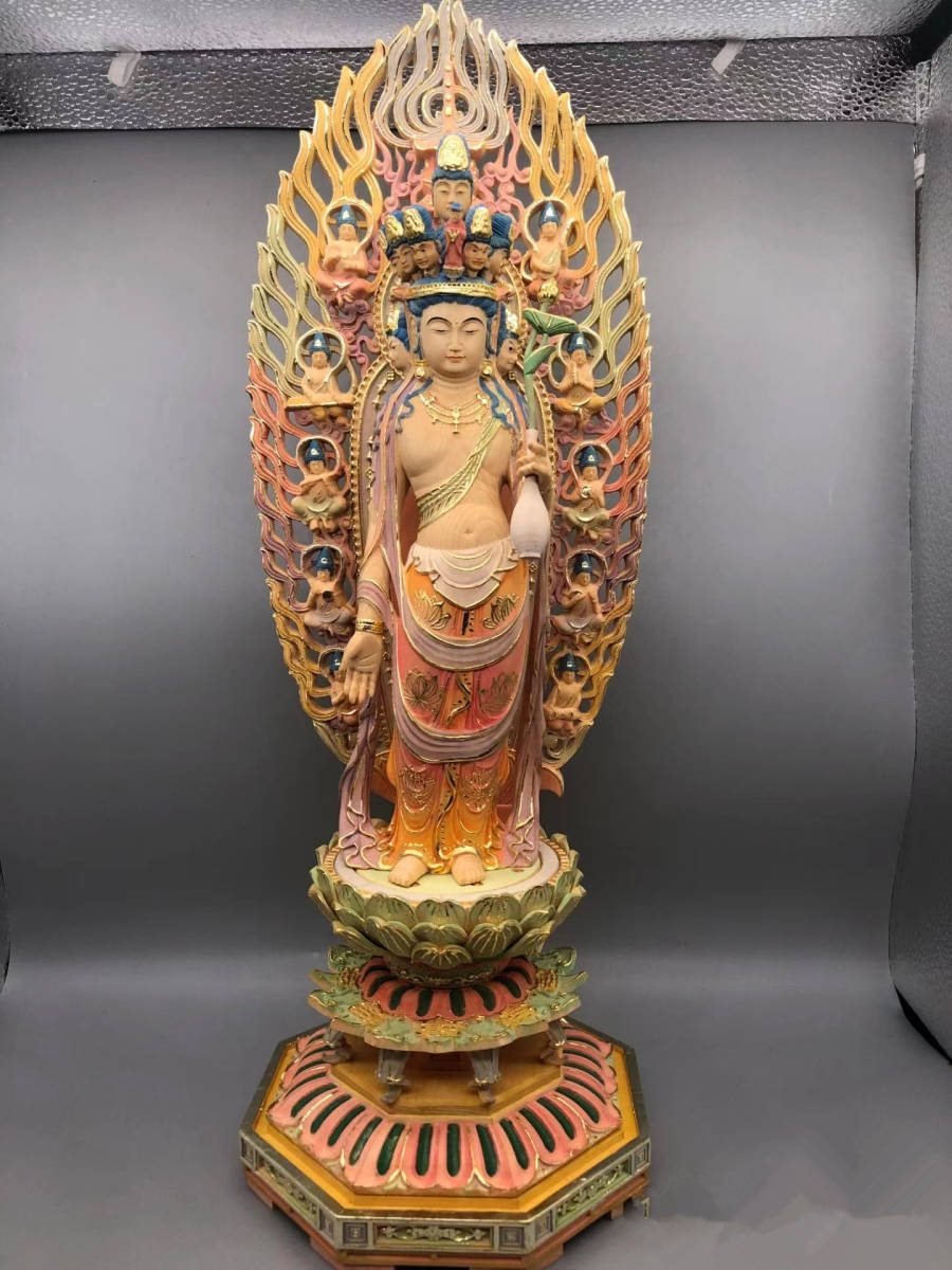 極彩色 十一面観音菩薩 職人手作り 仏教工芸品 木彫仏像 細工精彫 【91%OFF!】