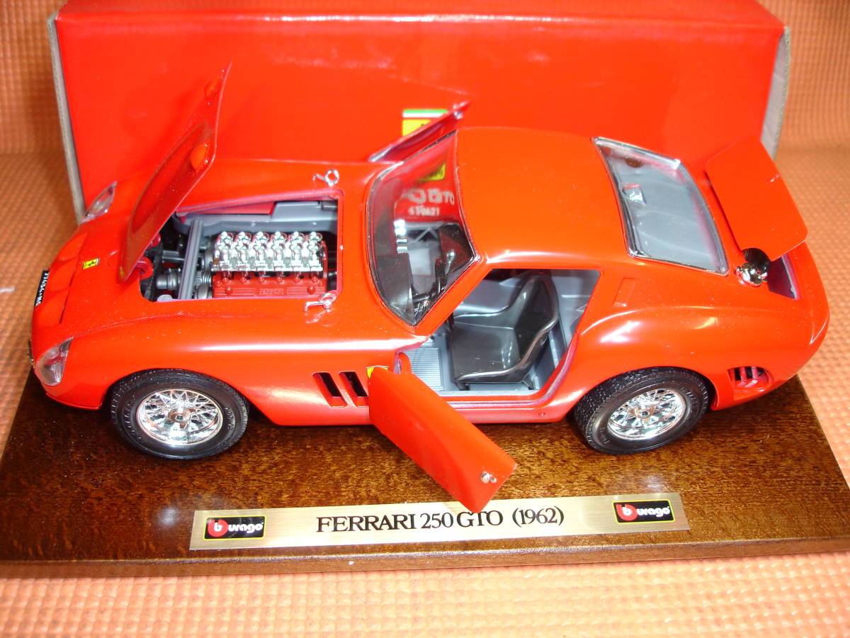 BURAGO Ferrari 250 GTO 1962 new goods 26cm door bonnet trunk opening and closing wooden pedestal attaching cheap stock last FERRARI