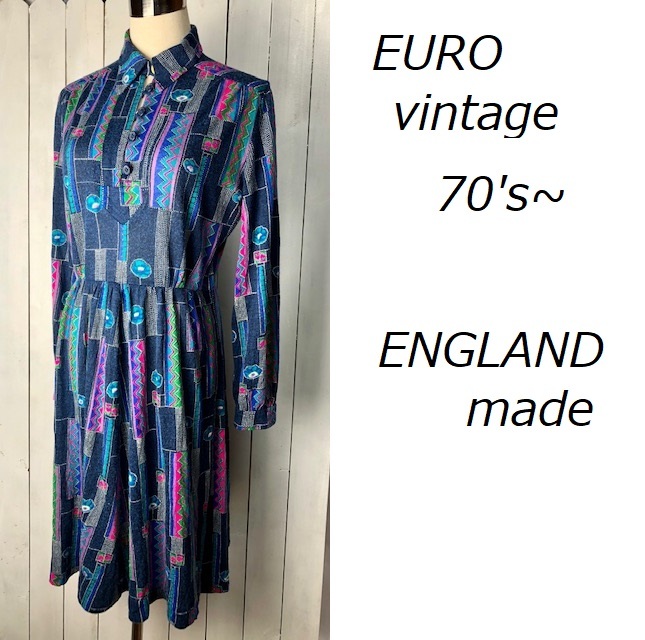 EURO古着 70s イギリス製 レトロ 総柄ロングワンピース 16 M～L オールド ヴィンテージ ヨーロッパ古着 英国製 UK製 ★134