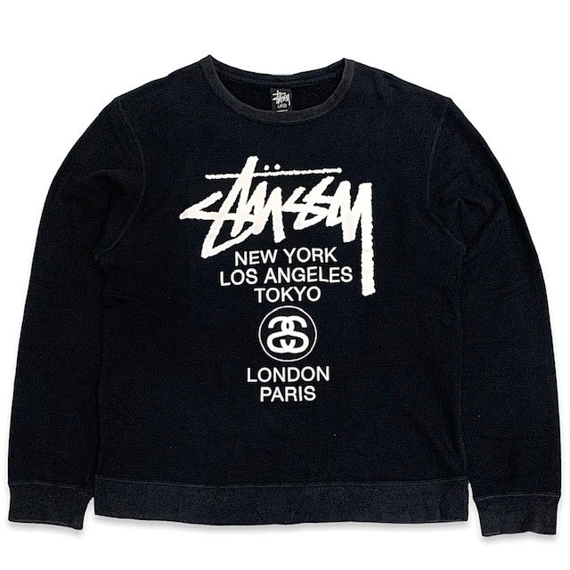  редкий #STUSSY ( стерео .-ji-) кисть регистрация body Logo принт world Tour длинный рукав тренировочный чёрный черный L Vintage Old Rebirth we b