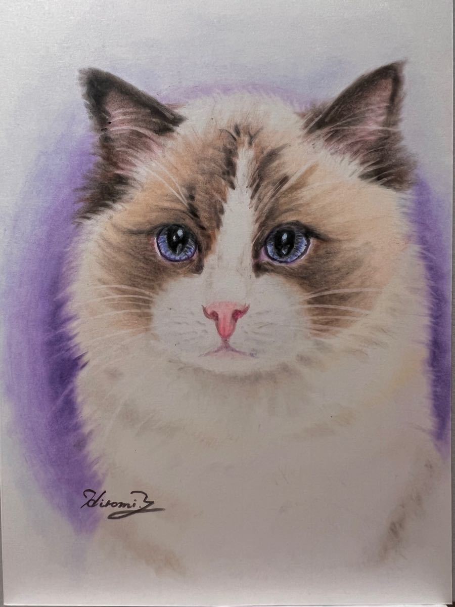 猫　ネコ　ねこ　手描き　原画　パステル画　色鉛筆画