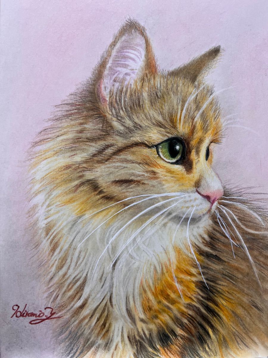 猫　ネコ　ねこ　手描き　原画　パステル画　色鉛筆画